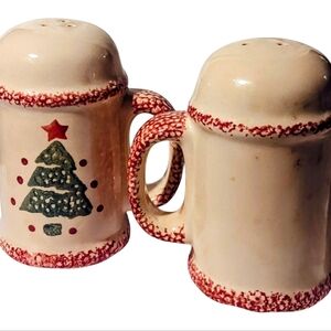 VTG HERMITAGE POTTERY Christmas Red Spongeware Salt Pepper Shakers w/ Handles